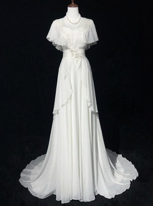 White Chiffon Appliques Pearls Wedding Dress