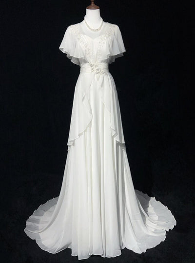 White Chiffon Appliques Pearls Wedding Dress
