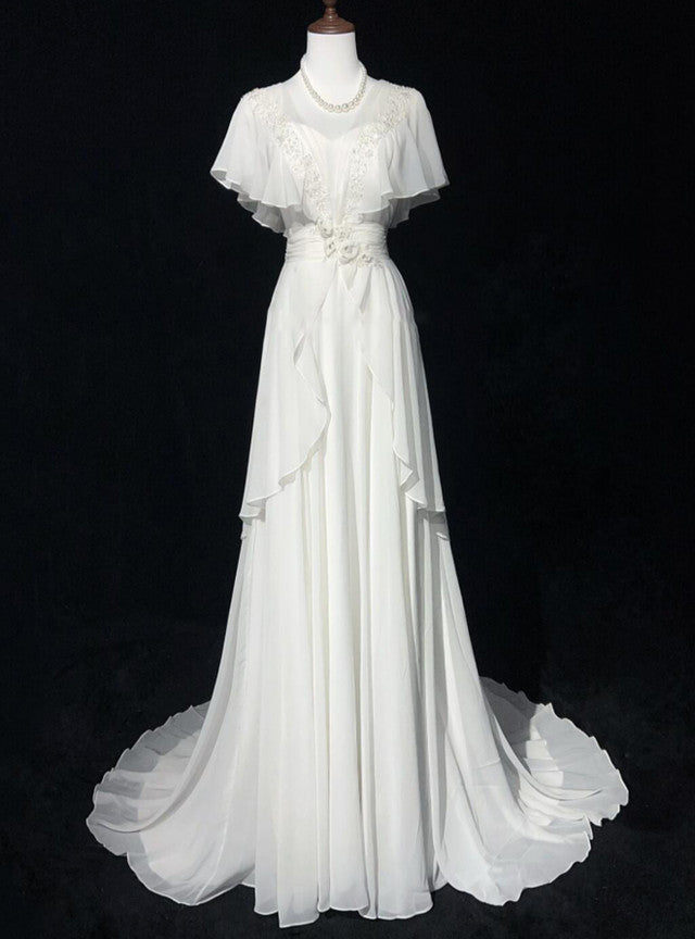 White Chiffon Appliques Pearls Wedding Dress