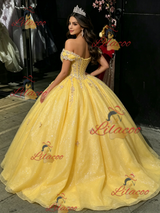 Yellow TUlle Off the Shoulder Appliques Quinceanera Dress