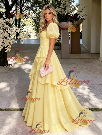Yelow Tulle Puff Sleeve Pleats Prom Dress