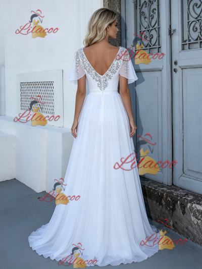 White V-neck Beading Wedding Dress