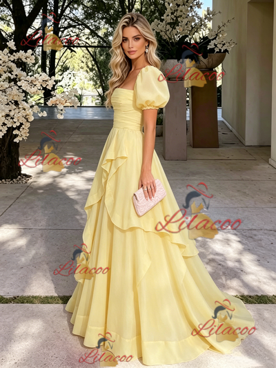 Yelow Tulle Puff Sleeve Pleats Prom Dress