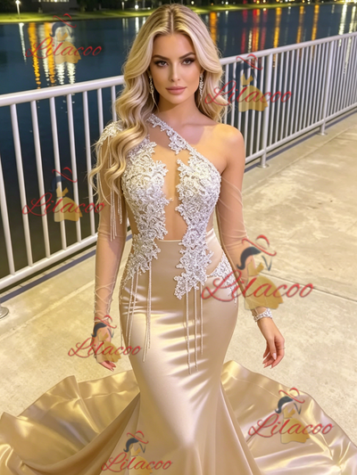 Gold Mermaid Beading Long Sleeve Prom Dress