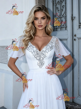 White V-neck Beading Wedding Dress