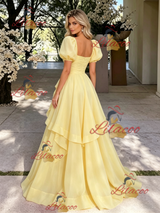Yelow Tulle Puff Sleeve Pleats Prom Dress