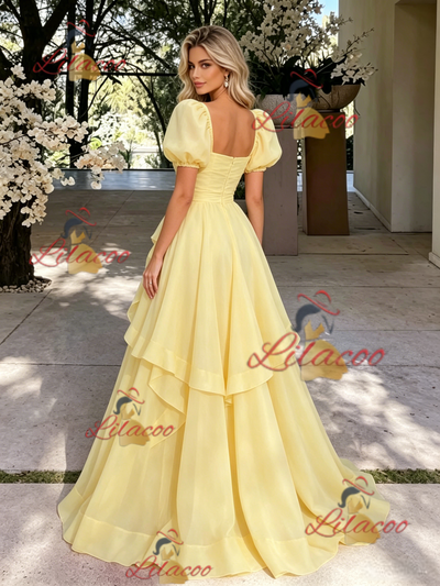 Yelow Tulle Puff Sleeve Pleats Prom Dress