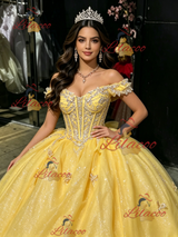 Yellow TUlle Off the Shoulder Appliques Quinceanera Dress