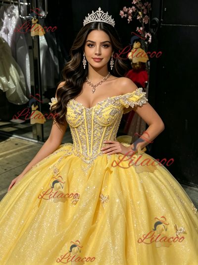 Yellow TUlle Off the Shoulder Appliques Quinceanera Dress