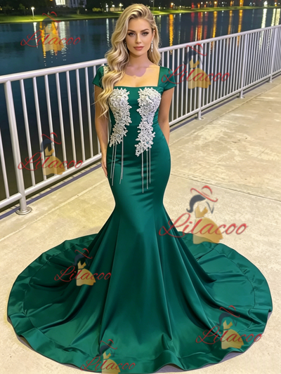 Green Mermaid Appliques Beading Prom Dress