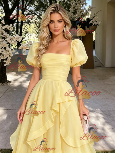 Yelow Tulle Puff Sleeve Pleats Prom Dress