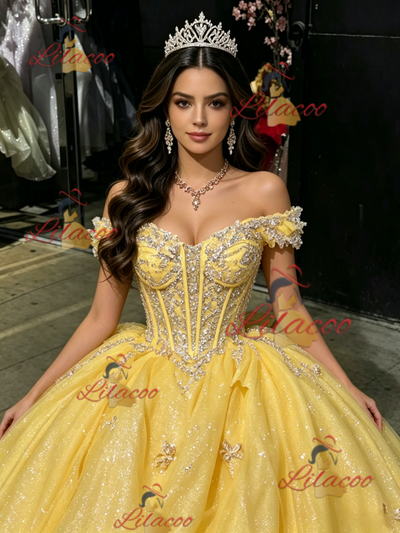 Yellow TUlle Off the Shoulder Appliques Quinceanera Dress