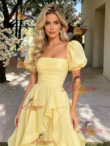 Yelow Tulle Puff Sleeve Pleats Prom Dress