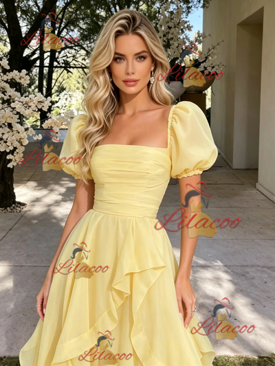 Yelow Tulle Puff Sleeve Pleats Prom Dress