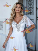 White V-neck Beading Wedding Dress
