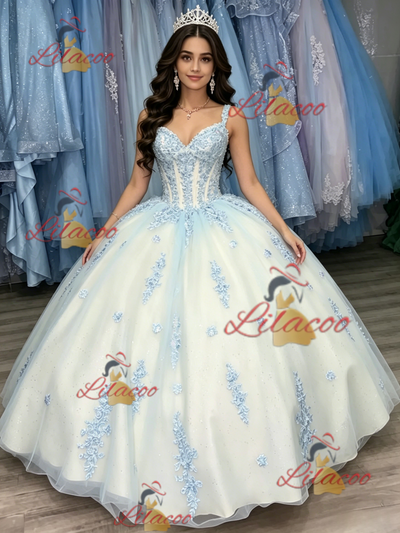 White Tulle Strapa Appliques Quinceanera Dress