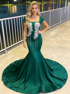 Green Mermaid Appliques Beading Prom Dress