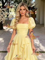 Yelow Tulle Puff Sleeve Pleats Prom Dress