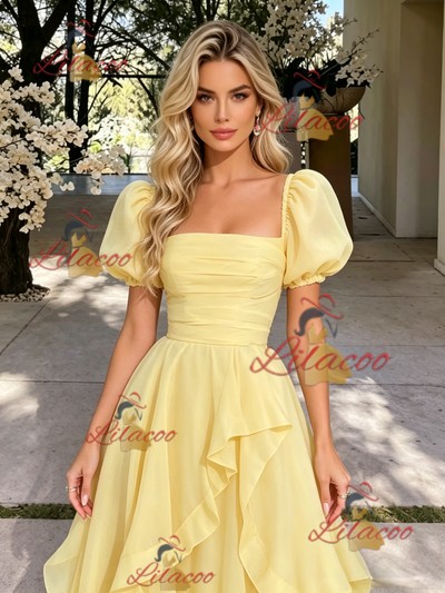 Yelow Tulle Puff Sleeve Pleats Prom Dress