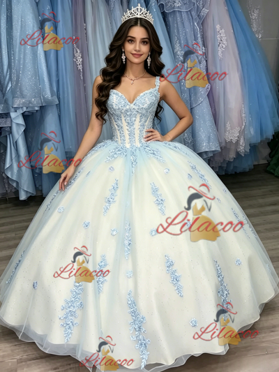 White Tulle Strapa Appliques Quinceanera Dress
