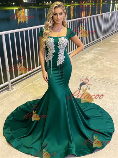 Green Mermaid Appliques Beading Prom Dress