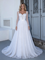 White Sequins Long Sleeve Wedding Dress