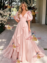 Pink Tulle V-neck Puff Sleeve Prom Dress