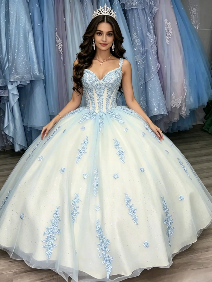 White Tulle Strapa Appliques Quinceanera Dress