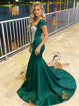 Green Mermaid Appliques Beading Prom Dress