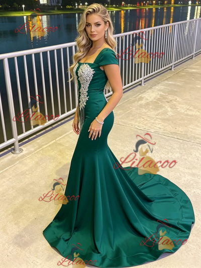Green Mermaid Appliques Beading Prom Dress