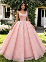 Pink Sequins Straps Quinceanera Dress