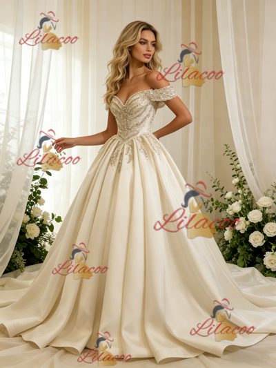 Ivory Satin Off the Shoulder Beading Wedding Dress