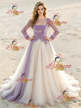 Champagne Tulle Long Sleeve Appliques Wedding Dress