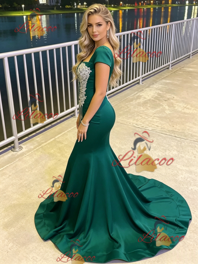 Green Mermaid Appliques Beading Prom Dress