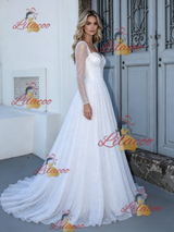 White Sequins Long Sleeve Wedding Dress