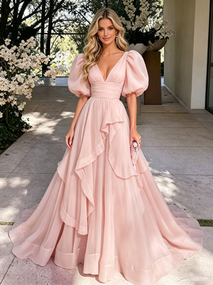 Pink Tulle V-neck Puff Sleeve Prom Dress