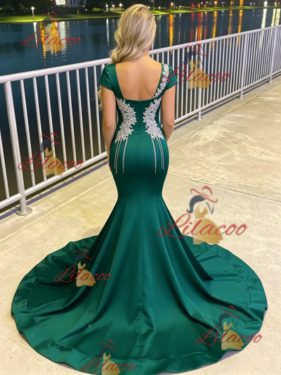 Green Mermaid Appliques Beading Prom Dress