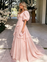 Pink Tulle V-neck Puff Sleeve Prom Dress