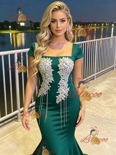 Green Mermaid Appliques Beading Prom Dress