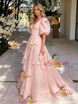 Pink Tulle V-neck Puff Sleeve Prom Dress