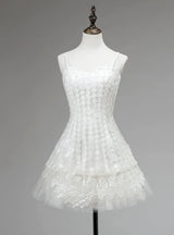 White Tulle Lace Spaghetti Straps Homecoming Dress