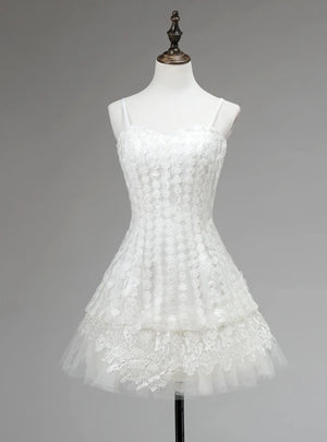 White Tulle Lace Spaghetti Straps Homecoming Dress