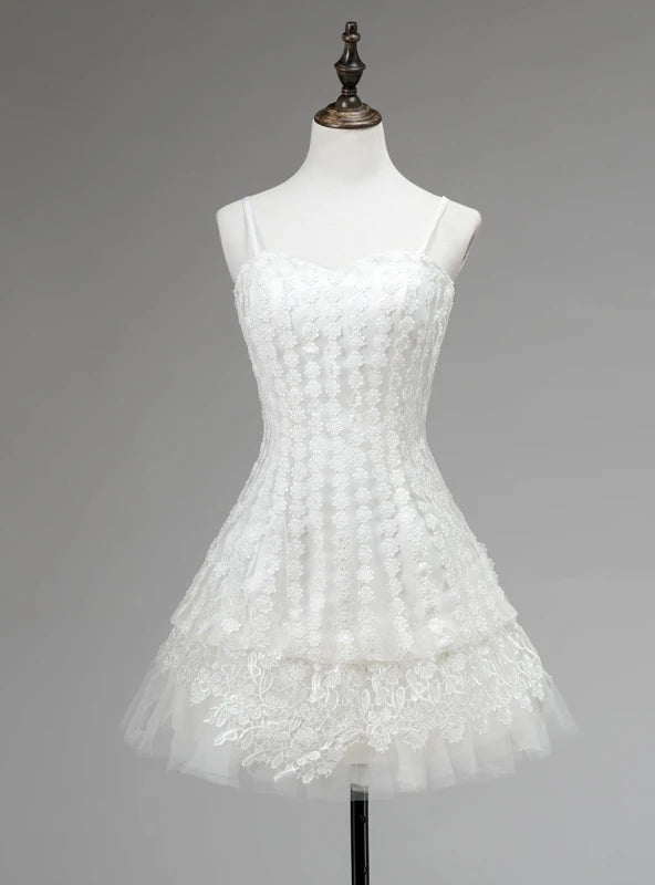 White Tulle Lace Spaghetti Straps Homecoming Dress
