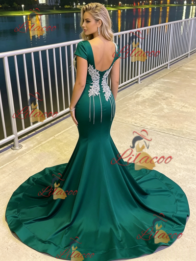 Green Mermaid Appliques Beading Prom Dress
