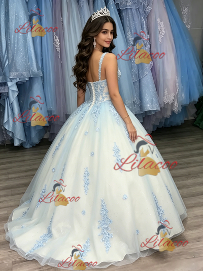 White Tulle Strapa Appliques Quinceanera Dress