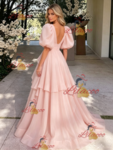 Pink Tulle V-neck Puff Sleeve Prom Dress