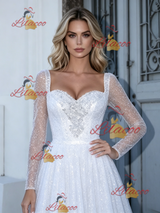 White Sequins Long Sleeve Wedding Dress