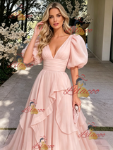 Pink Tulle V-neck Puff Sleeve Prom Dress