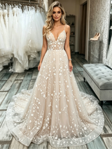 Champagne Lace Spaghetti Straps Wedding Dress