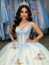 White Tulle Strapa Appliques Quinceanera Dress